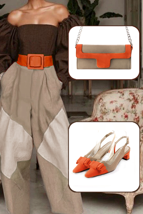 Women's clementine orange and tan beige elegant slingback heels, with a bow on the front. Tapered toe. Low kitten heels - Top view